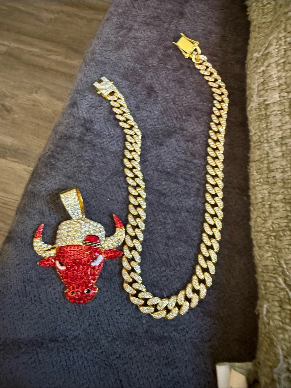 Gold Cuban Link Necklace with Red Bull Head Pendant - Men's Jewelry